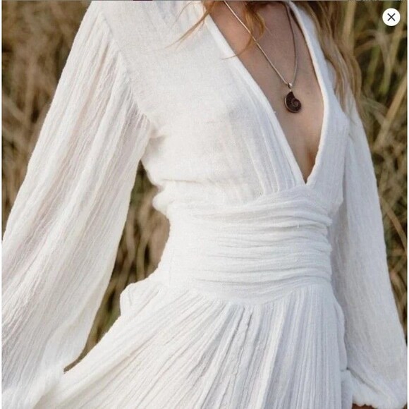 AYA Lapis Maxi Dress Cotton Gauze V Neck Slit Flowy Ivory Womens Size M - Picture 2 of 8